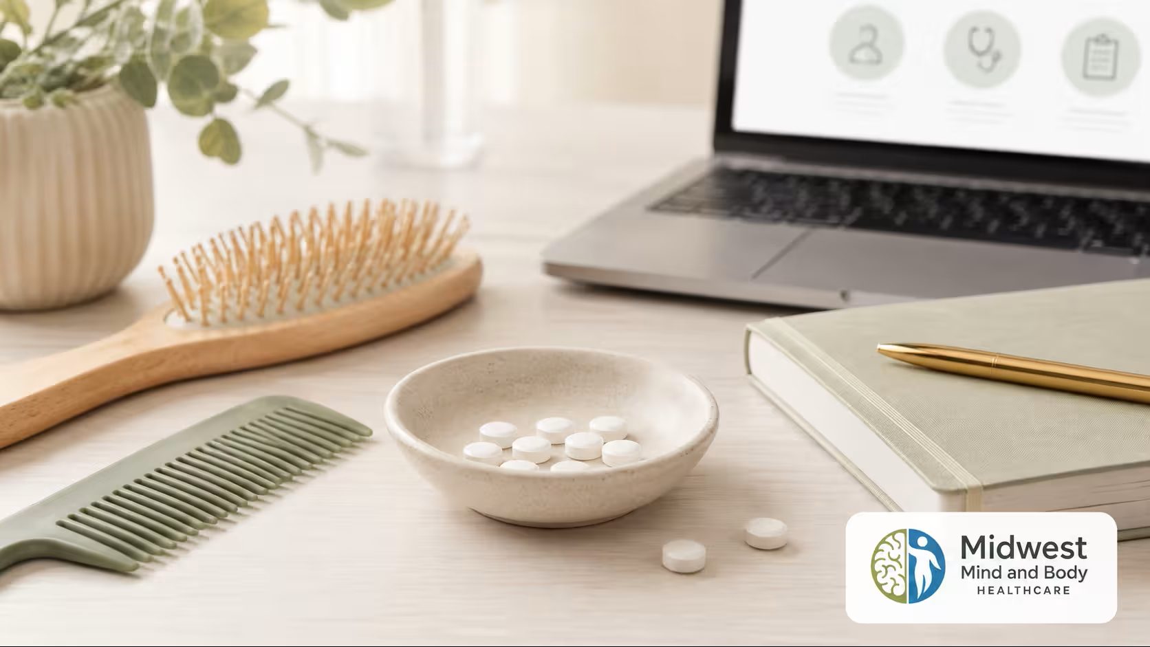 A hairbrush, comb, and a small dish of prescription tablets beside a laptop showing a telehealth screen, representing online care for hair thinning